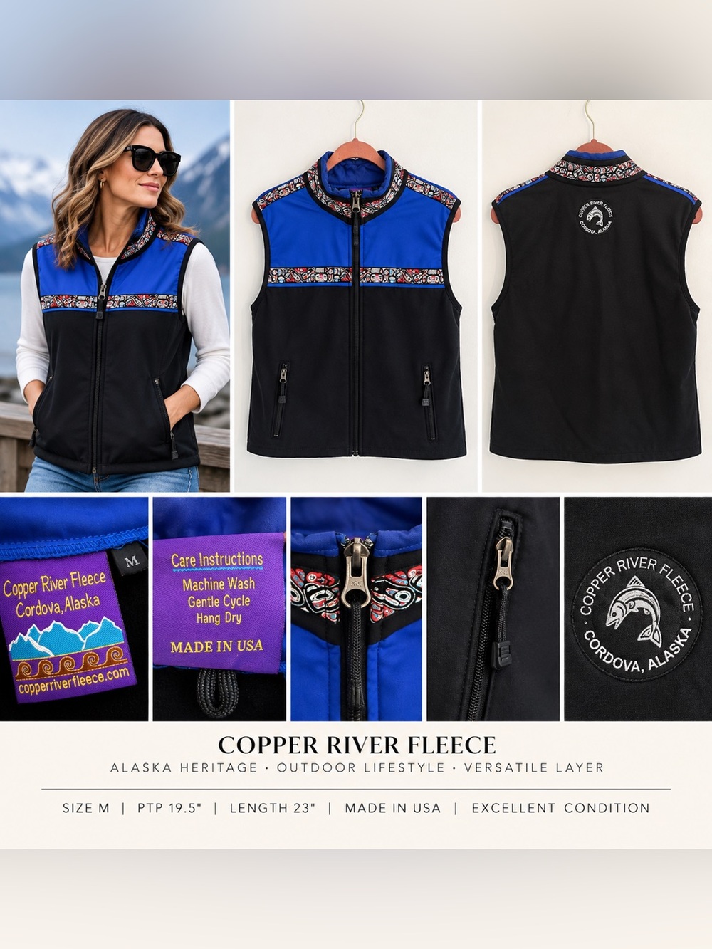 Copper River Fleece Alaska Softshell Vest Blue Black Made in USA M